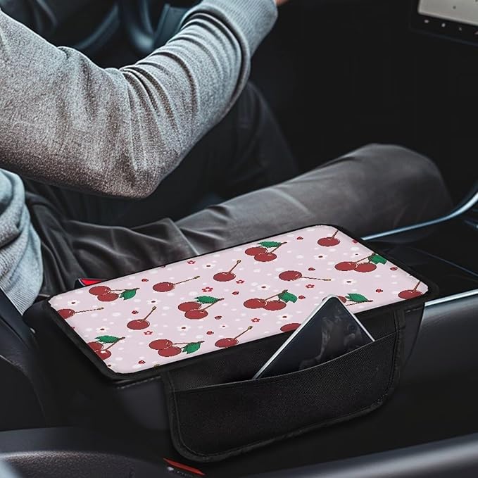 Dreaweet Car Armrest Cover Center Console Pink Cherry Car Accessories Center Console Covers with Pockets for Car SUV Truck Sedan,Cute Car Arm Rest Cushion Pad for Women