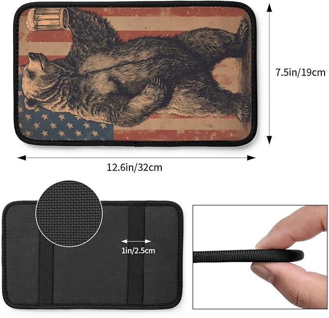 Happy Camper Bear Center Console Cover Pad, American Flag Car Armrest Seat Box Cover Cushion Universal for Most Vehicle SUV Truck, Car Interior Accessories Decor, Protect from Pet Claws & Dirt