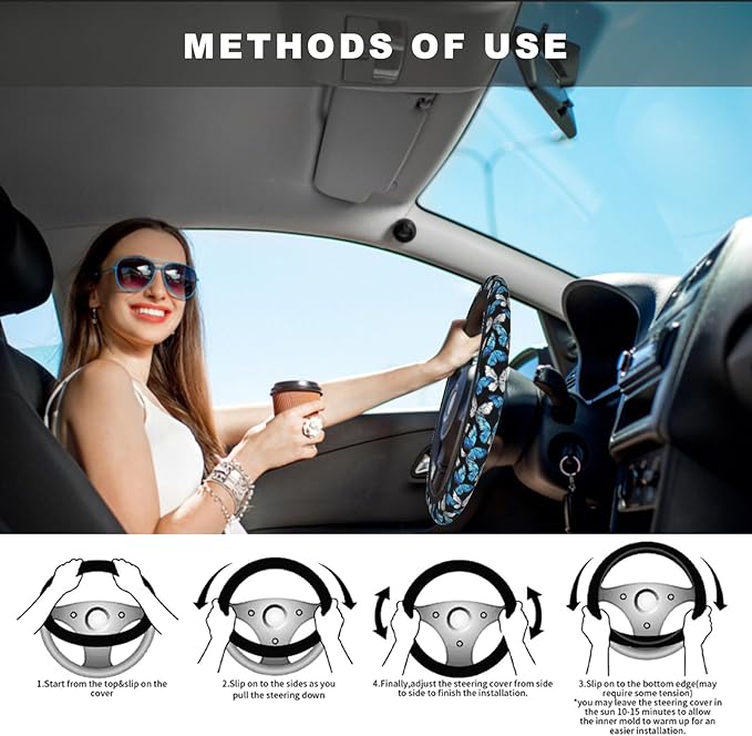 Blue Black Butterfly Steering Wheel Cover, Cute Butterflies Anti-Slip Breathable Car Accessories Interior Elastic Steering Wheel Cover for Men Women Fit Auto, SUV Vans Truck Universal 14.5-15 Inch