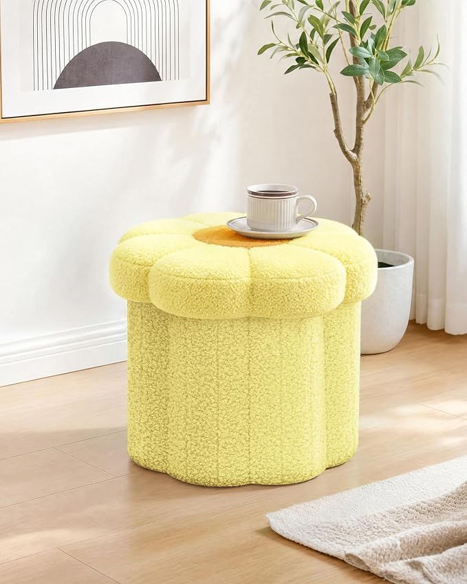 B FSOBEIIALEO Storage Ottoman Foldable, Sunflower Shaped Small Footrest Collapsible Folding Seat Bench for Bedroom Living Room Entryway, Faux Teddy Fur, Yellow 12.6"x12.6"x11.4"
