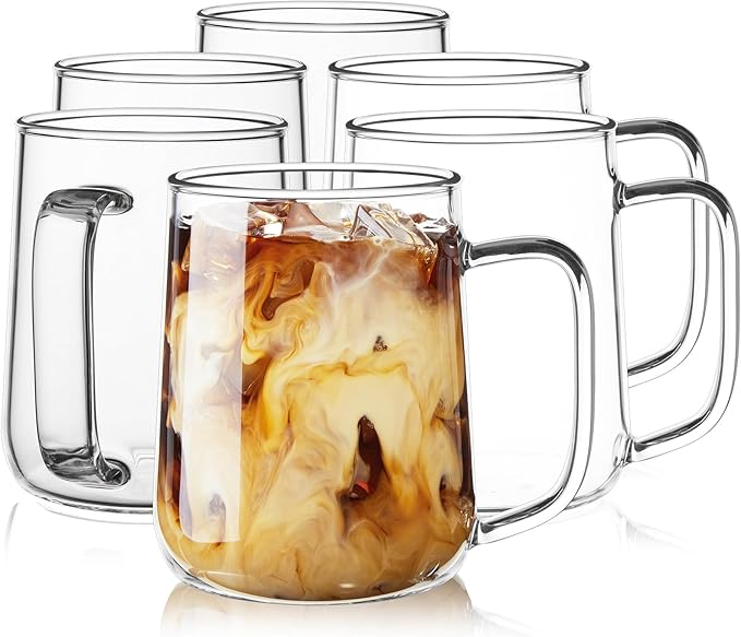 Glass Coffee Mugs, 16 oz Glass Coffee Cups Set of 6, Clear Borosilicate Glass Mugs with Handles for Cappuccino, Tea, Latte, Hot/Cold Beverages, Wine, Americano