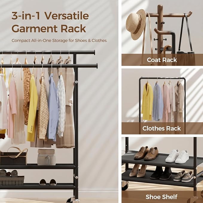 HYSEYY Rolling Clothes Racks, Double Rods Clothing Rack