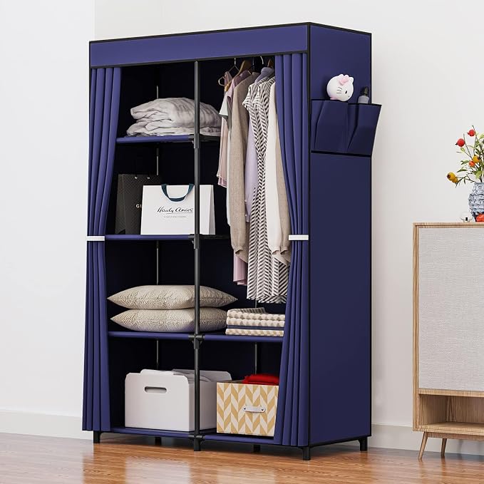 SORCEDAS Portable Closet Wardrobe Organizer Storage with Cover Non-Woben Fabric Portable Wardrobe Closet for Hanging Clothes Racks Shelving 33 Inch for Bedroom, Blue (Blue, 33Inch)