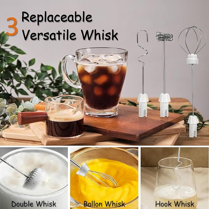 Rechargeable Milk Frother Wand 3 in 1, Handheld Drink Mixer Electric Whisk Stirrer Coffee Foam Frother with 3 Stainless Steel Whisks, 3 Speeds, USB-C Protein Powder Mixer for Cappuccino, Egg, White