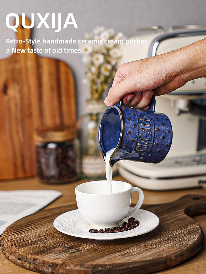 9 OZ Creamer Pitcher, Ceramic Creamer with Handle, Small Milk Pitcher Cup for Coffee, Sauces, Salad, Microwave & Dishwasher Safe (Vintage Blue)