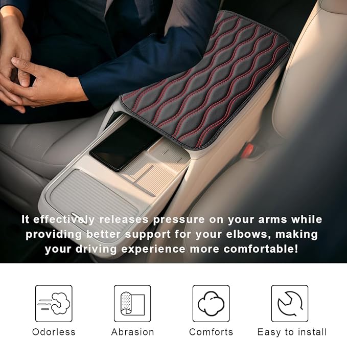 Car Center Console Cushion Pad, 12.48×7.40 Inches Waterproof Car Armrest Seat Box Cover, Comfortable PU Leather Vehicle Armrest Cover Protector, Car Decor Interior Accessories (Black＋Red)