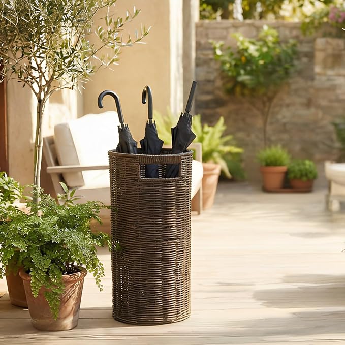 Rattan Umbrella Holder for Entryway with Drip Tray, 21''H Round Umbrella Stand for Indoor & Outdoor, Tall Wicker Basket for Storage, Woven Organizer for Home, Office, Hotel, Shop, Brown