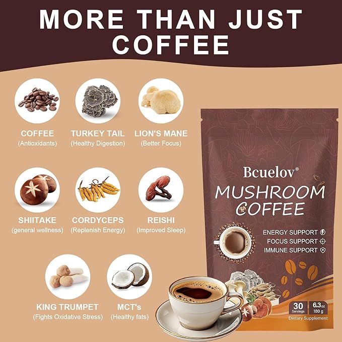 Mushroom Coffee,Instant Coffee with 6 Adaptogenic Mushrooms (Cordyceps, Lion’s Mane, Shiitake, Turkey Tail) for Better Energy, Focus, Positive Mood & Immune Support - 30 Servings
