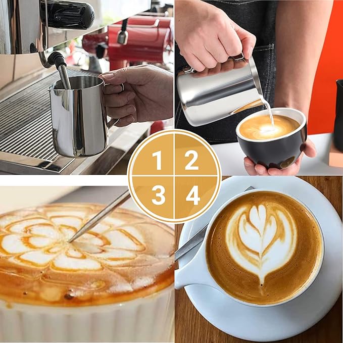 Milk Frothing Pitcher, 350ml/12oz Milk Frother Cup Stainless Steel Jug Steaming Pitcher, Milk Coffee Cappuccino Latte Art Barista Steam Pitchers Milk Jug Cup with Decorating Pen