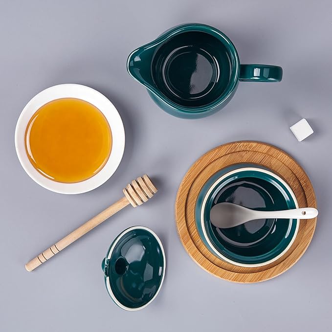 12 OZ Ceramic Sugar and Creamer Set, Coffee Serving Set, 3 Piece Cream Pitcher Sugar Bowl with Lid and Spoon (Dark Teal)