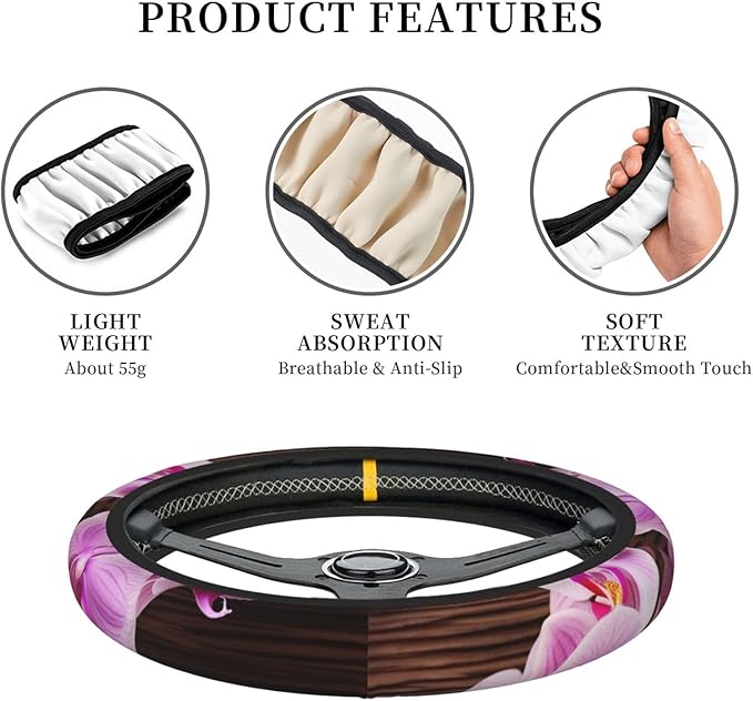Elastic Steering Wheel Cover, Orchid Flower Car Wheel Covers for Women Men Anti-Slip Steering Wheel Protector Car Accessories, Universal 15 Inch Fit Auto, Suvs, Truck