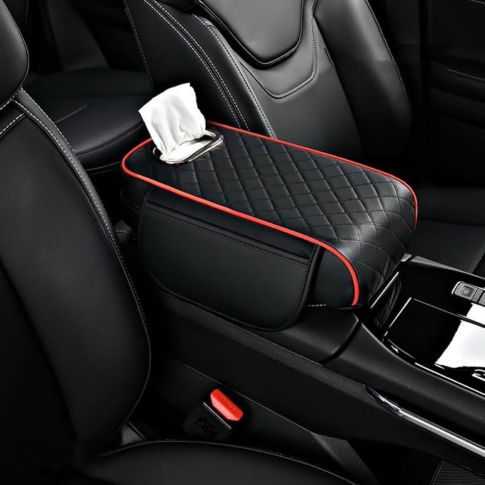 Car Arm Rest Cover Pad for Ford Maverick 2022 2023 2024, Leather Memory Foam Center Console Cushion with 2 Storage Bags and a Tissue Box Universal Car Interior Accessories,C/Black-Red