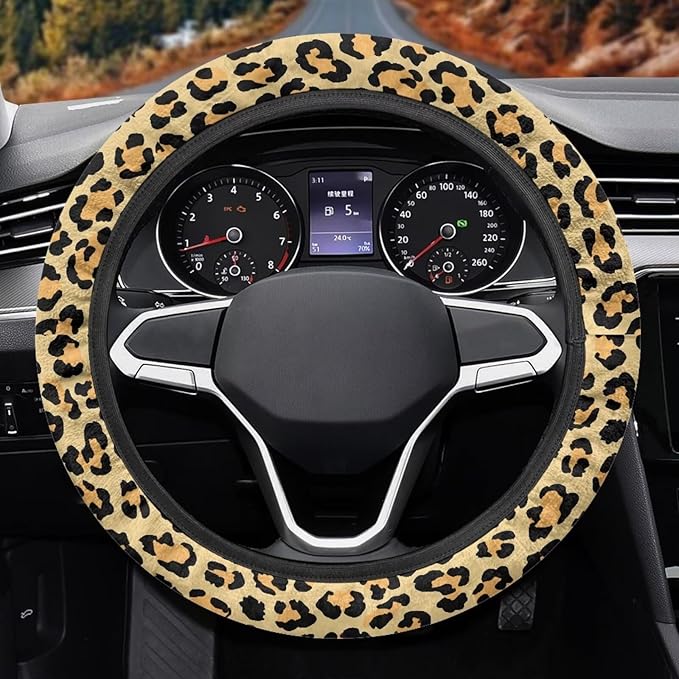 Universal Non-Slip Steering Wheel Cover, 15-inch Polyester Material Driving Accessories, Adjustable for Car and Truck(Retro Yellow Leopard Print)