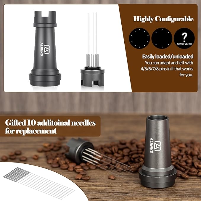 Coffee Distributor WDT Tool Espresso Distribution, 10pcs 304 Stainless 0.3mm Needles Espresso Coffee Stirrer, Full Aluminum Chess Shape Shell
