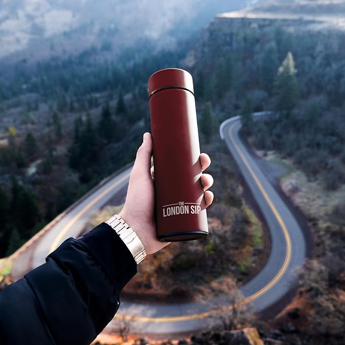 London Sip Multi-Purpose Travel Mug and Tumbler Fruit Infused Flask Hot and Cold Double Wall Stainless Steel Thermos with Extra-Long Infuser, Sacred Red, Pack of 2