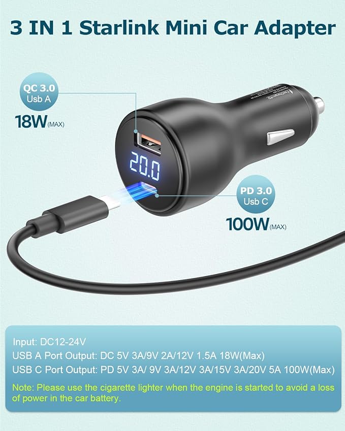 Starlink Mini 12V Adapter Booster 16.4FT, 12V to 20V DC Step Up Converter with 100W, Starlink Mini Car Charger Cigarette Lighter 20V 100W with Voltmeter Supports 23M /75FT USB C to DC Power Cable
