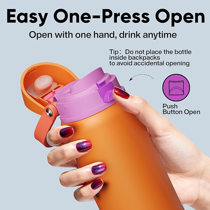 Insulated Water Bottle with Straw - Encool Stainless Steel Water Bottle with Push Button Lid, Leak-Proof & BPA-Free, Keeps Cold for 24 Hours for Sports, Travel, Gym (32 oz, Tiger Eye)