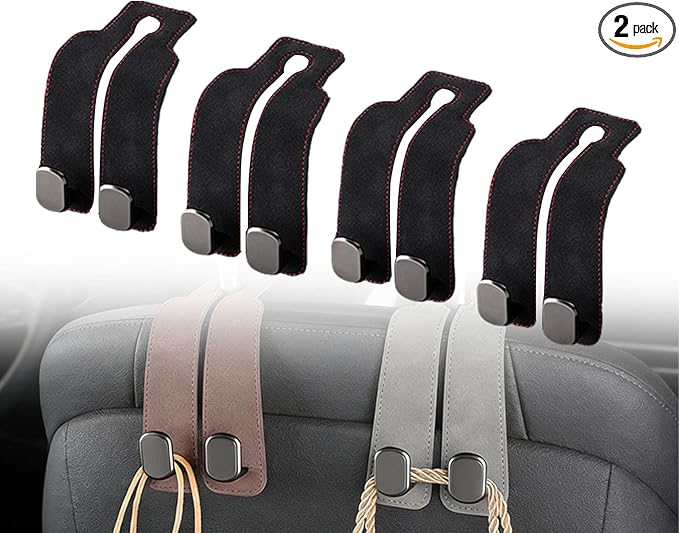 Velocury Car Seat Hooks for Purses and Bags, Foldable Headrest Hooks for Car, Faux Suede Back Seat Organizer for Groceries, Handbags and Accessories (Black, Pack of 4)
