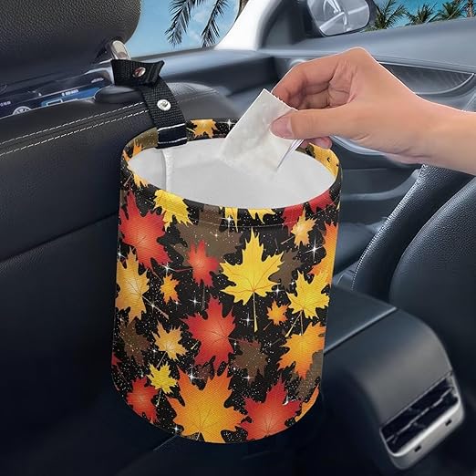 Colorful Maple Leaves Car Trash Bin Hanging, Waste Basket - Cute, Portable, Collapsible, Waterproof Rubbish Bag for Back Seat, Floor, or Hanging Headrest