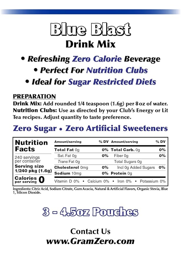 GramZero Blue Blast Zero Calorie Sugar Free Drink Mix, Great For Nutrition Club Loaded Teas, Stevia Sweetened