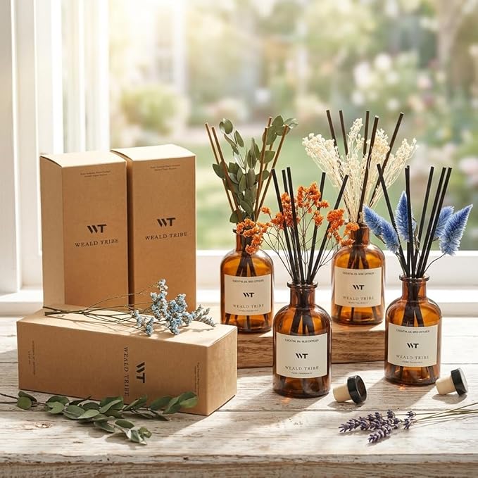 WEALD TRIBE Reed Diffuser Set for Bathroom Air Fresheners, Oil Diffuser Sticks with Flower | Eucalyptus & Mint Scent 4.0 fl oz Home Fragrance with Sticks Defusers | House Bedroom Office Shelf Decor