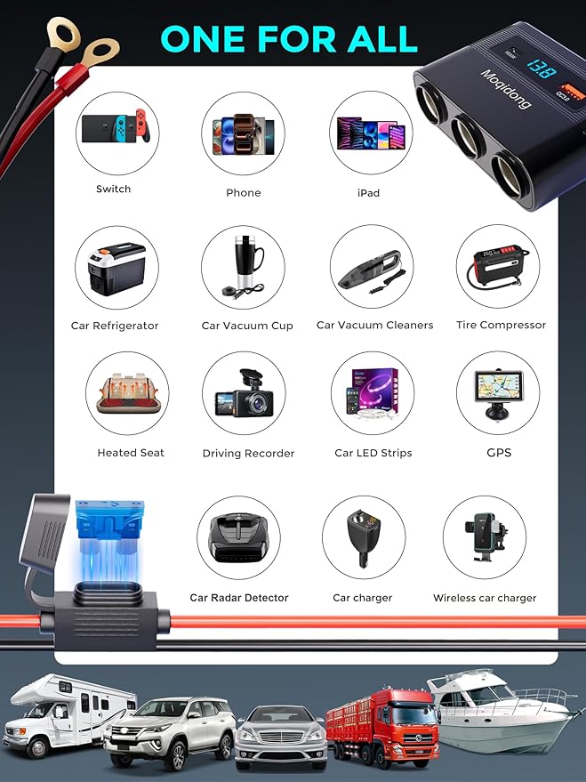 5 in 1 Cigarette Lighter Splitter, 180W Car Charger Adapter with USB PD/QC 30W (6.6FT Cable), 24V/12V Cigarette Socket Eyelet Terminal Battery Power Plug with Main Switch & LED Voltage Display