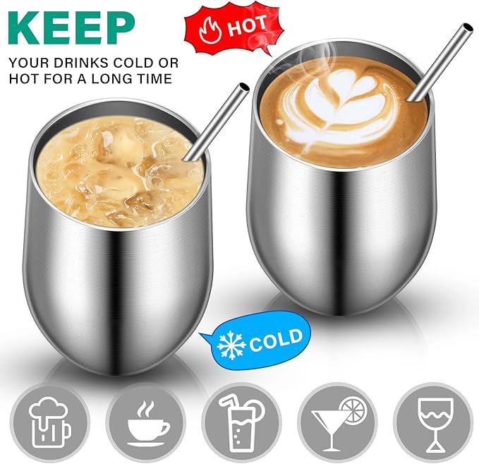 6 Pack Stainless Steel Wine Tumblers 12 oz Insulated Vacuum Wine Cup Set Double Wall Stainless Steel Stemless Mug Glasses for Coffee Soda Whiskey Outdoor Travel (Silver)