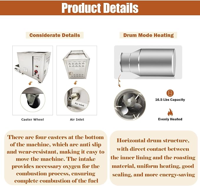 Commercial Automatic Gas Roaster Machine (0-300℃) 16.5LBS Stainless Steel Nut Roaster for Coffee Beans, Peanuts, Almonds 110V 1PH 80W