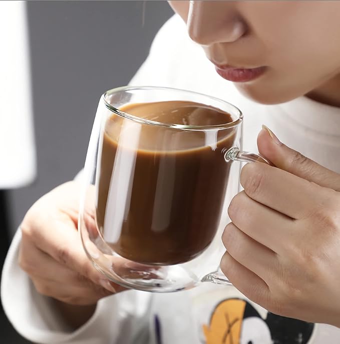 KNC Borosilicate Glass Coffee Mug with Lid Handle,12 oz Double-wall Insulated Milk coffee Cup, Thick Expresso Coffee Cups For Americano, Latte, Espresso, Cappuccinos Beverage and Tea, Clear