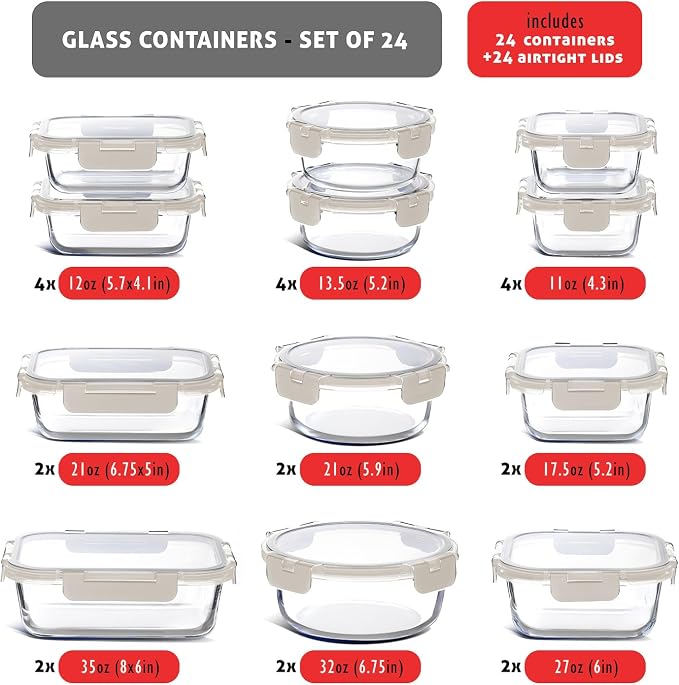 Nestl 48pc Glass Storage Containers with Lids, 24 Glass Food Storage Containers with 24 Airtight Lids for Pantry & Kitchen, Meal Prep Containers for Lunch, Oven Microwave & Dishwasher Safe, Cream