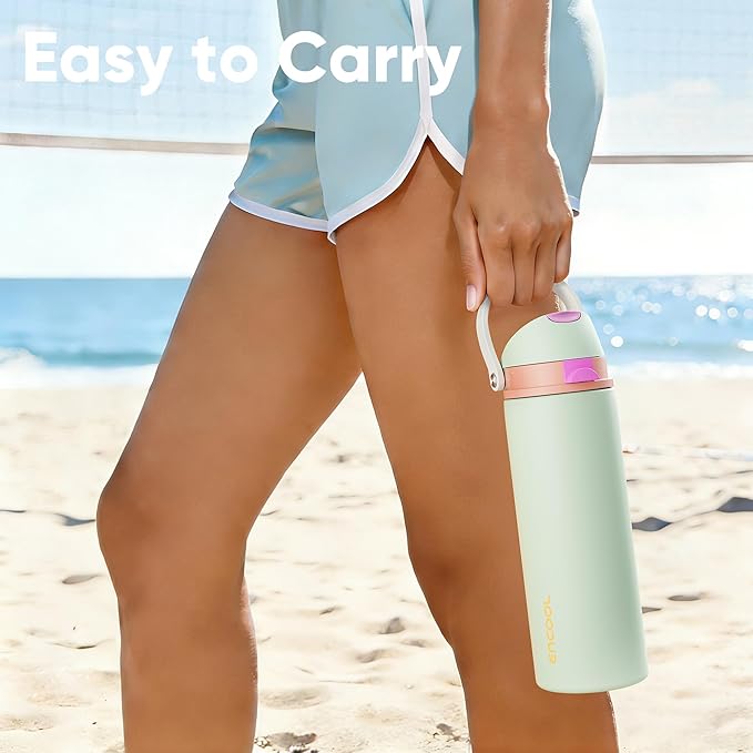 Insulated Water Bottle with Straw - Encool Stainless Steel Water Bottle with Push Button Lid, Leak-Proof & BPA-Free, Keeps Cold for 24 Hours for Sports, Travel, Gym (18 oz, Geyser Green)
