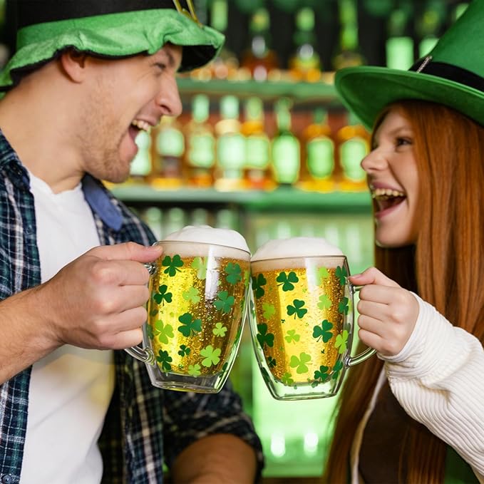 JarThenaAMCS St. Patrick's Day Coffee Mugs with Handle Shamrock Double Wall Glass Insulated Glasses 12Oz Clear Espresso Cups for Cappuccino Latte Tea Home Holiday Supplies, Set of 2