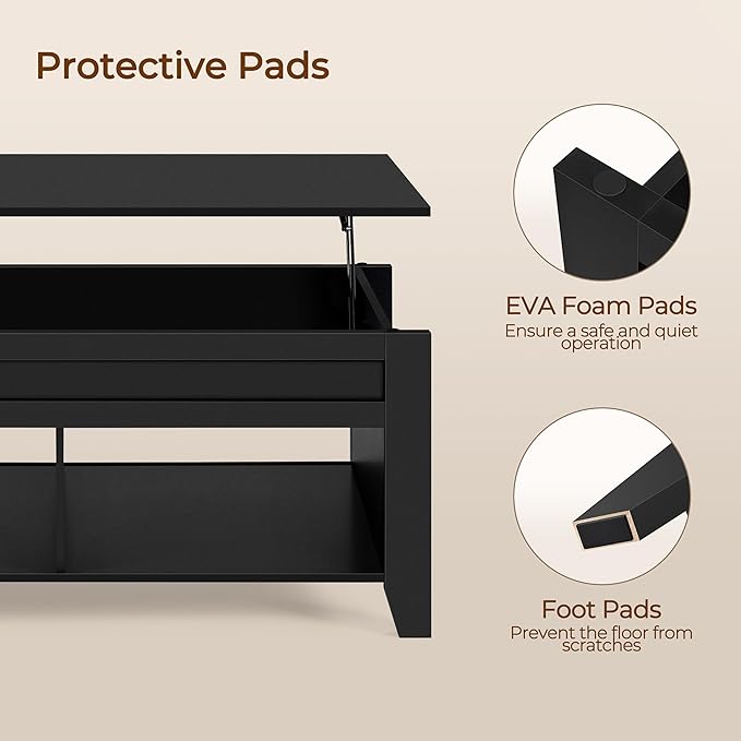 Yaheetech Black Coffee Table, Lift Top Coffee Tables with Hidden Storage Compartment & Open Shelf, Lift Tabletop Pop-Up for Living Room Reception, 47.5inch L