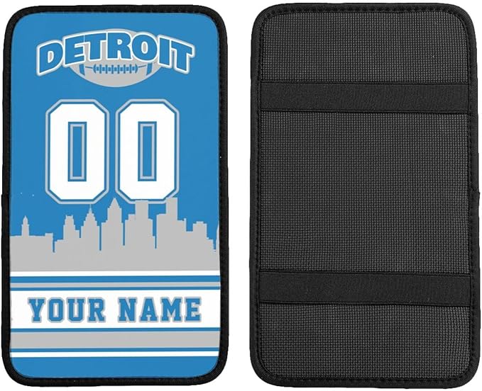 Custom Detroit Car Armrest Covers Personalized Football Style with Name Number Customized Auto Center Console Pad Car Handrail Box Cushion for Most Vehicle Decor Accessories, Fans Gift