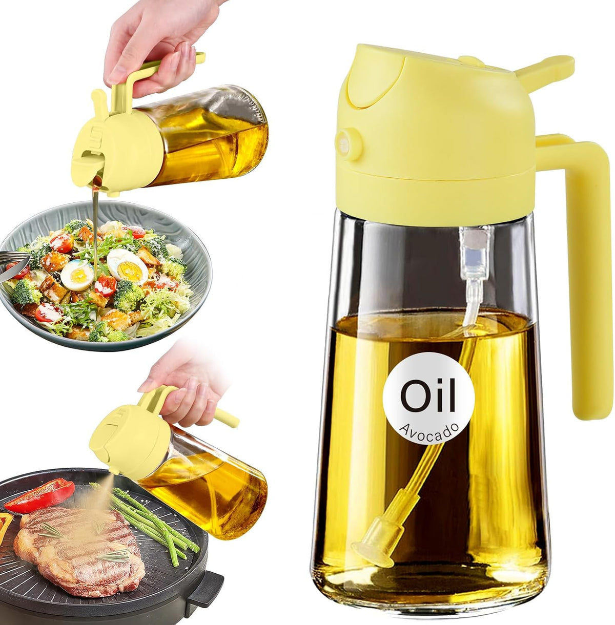 YARRAMATE 16oz/470ml Glass Olive Oil Sprayer for Cooking with Stickers, 2 in 1 Oil Dispenser for Kitchen Gadgets, Food Grade Premium Spray Bottle with Portion Control for Salad, Frying, BBQ (Black)