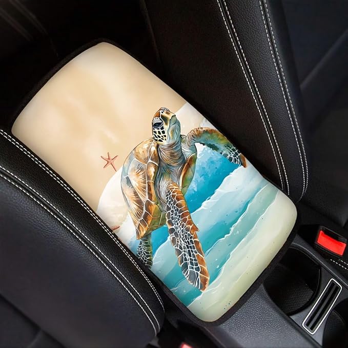 Suobstales Turtle Starfish Beach Print Car Armrest Pad Soft Center Console Arm Rest Protector Cover Universal Car Interior Accessories Decoration