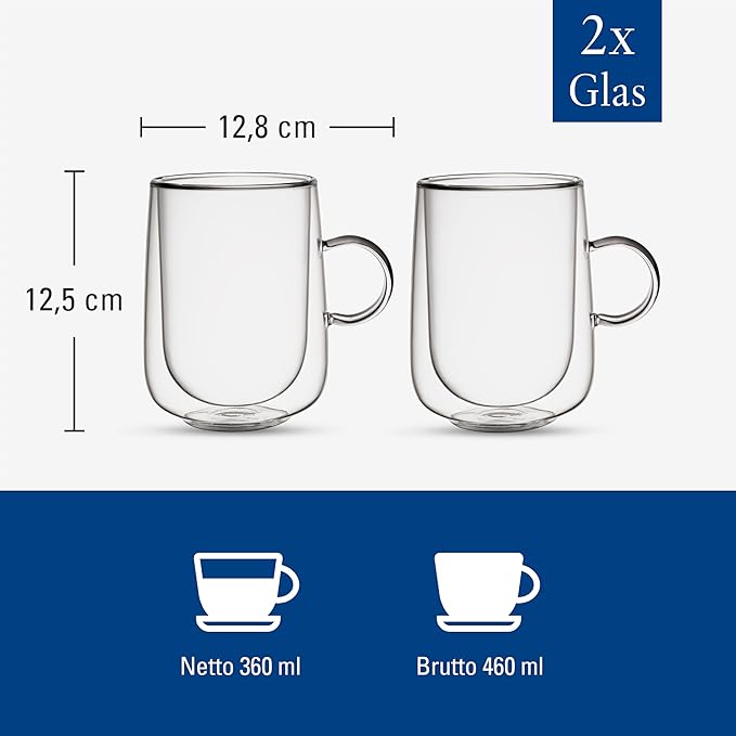 Villeroy & Boch Artesano Hot & Cold Beverages Latte Macchiato Glass Large, Set of 2 Glasses, Double-Walled Glasses for Cold and Hot Beverages, Borosilicate Glass, Dishwasher-Safe, Microwave-Safe