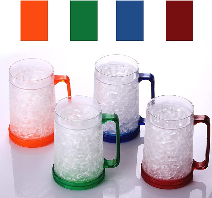 Double Wall Gel Frosty Freezer Ice Mugs Clear 16oz Set of 4 (Blue, Red, Orange and Green)
