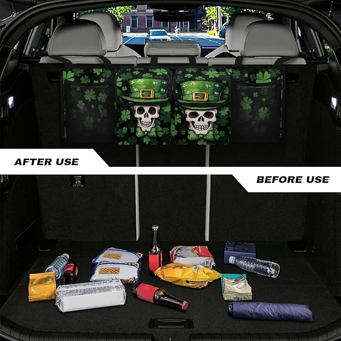 Trunk Organizer for Car, Skull Car Organization Accessories St Patrick's Day Decorations Green Leaf Car Trunk Organizer for Sedan,Truck,Van, Frees Trunk Floor, Sturdy Space Saving Expert
