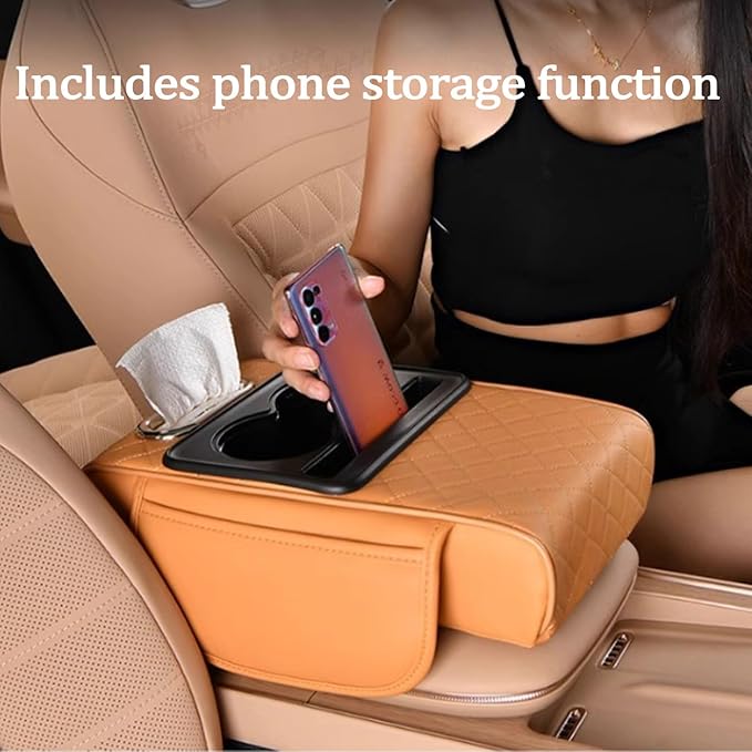 Multifunctional Pu Leather Car Armrest Box Mat, 5-In-1Multifunctional Car Armrest Cushion, Car Arm Rest Cover Pad, Center Console Organizer with Cup Holder, Tissue Box & Phone Slot (Gray)