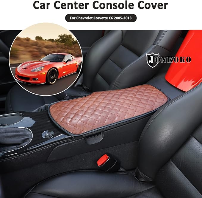 Car Center Console Pad for Chevrolet Corvette C6 2005-2013 Car Armrest Cover Leather Cushion Waterproof Auto Armrest Seat Box Protector Accessories (Leather) (Brown)