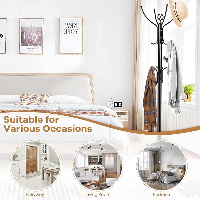 Tangkula Coat Rack Freestanding, 78 Inch Heavy Duty Metal Coat Tree, Free Standing Entryway Hat Coat Jacket Umbrella Holder, Clothes Hanger with Base Coat Rack Stand Black
