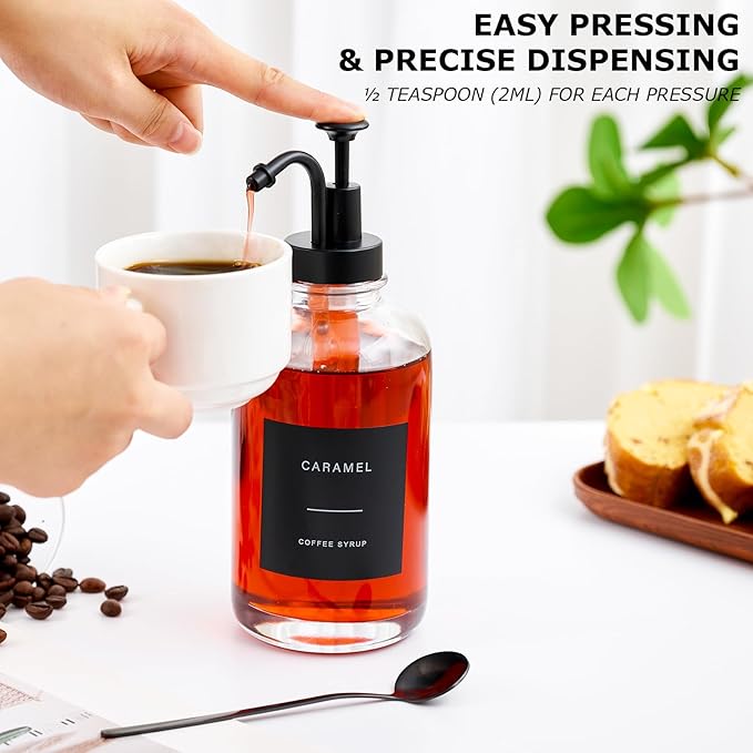 Coffee Syrup Dispenser for Bar, Glass Syrup Bottle with Pump, Coffee Pump Dispenser Bottle with Tray, Spoon for Station,16.9 oz, Black, 500 ml