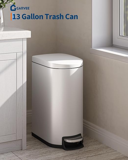 Garvee 13 gal / 50 L Metal Kitchen Trash Can with Lid, Slim Rustproof Garbage Can, Large Step-on Trash Bin with Inner Bucket, Rear Handle, Soft Close Lid, White
