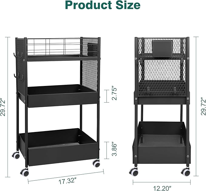 3-Tier Rolling Storage Cart Metal Utility Cart with Wheels, Office Organizer with Hanging Cups, Hooks, Book Snack Craft Mobile Shelving Unit for Office Kitchen Nursery