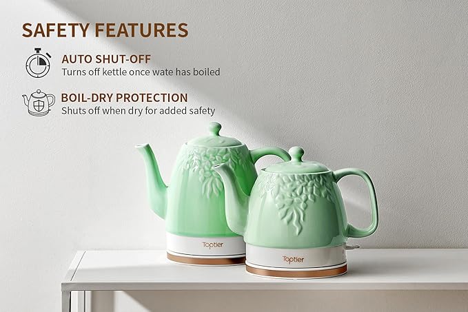 Toptier Electric Ceramic Tea Kettle, Boil Water Quickly and Easily, Detachable Swivel Base & Boil Dry Protection, Carefree Auto Shut Off, 1 L, Green Leaf