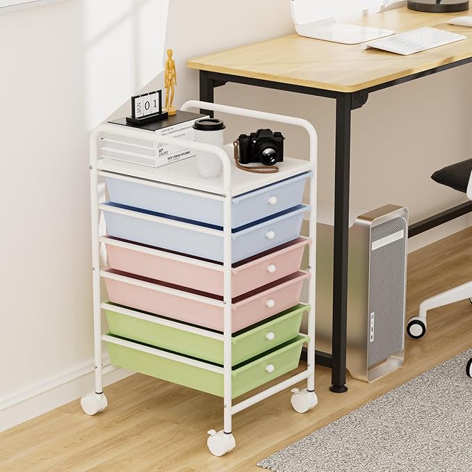 6-Tier Utility Cart with 6 Drawers, Rolling Utility Cart with 2 Lockable Caster Wheels, Multipurpose Mobile Rolling Drawer Cart for Office Bathroom Kitchen, Colorful