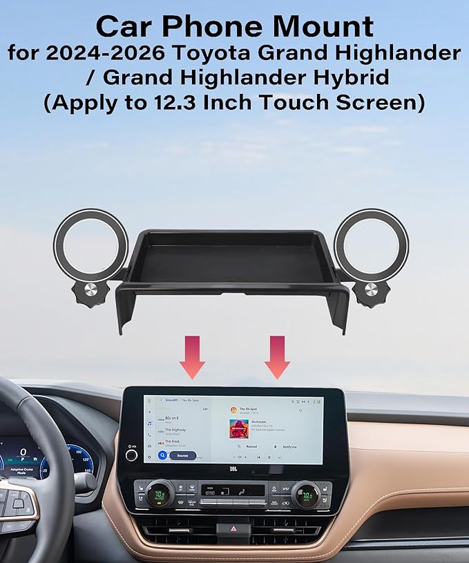 Car Phone Holder for 2024 2025 2026 Toyota Grand Highlander/Grand Highlander Hybrid Accessories Apply to 12.3 in Screen Fixed Clip Magnetic Cell Phone Mount with Dashboard Storage Tray