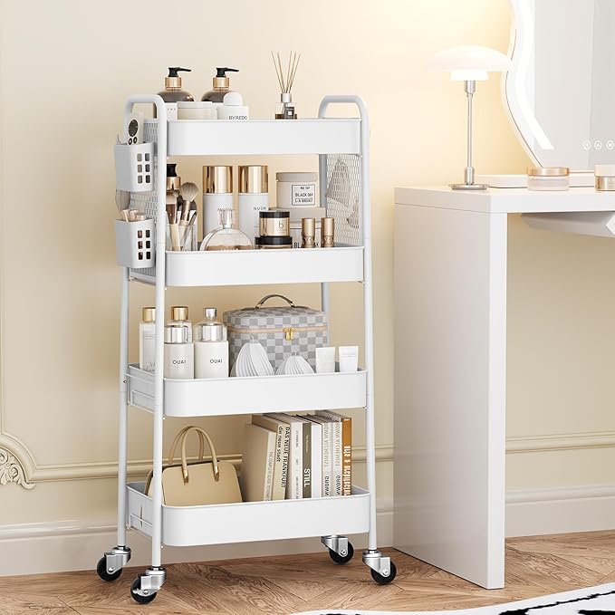 TOOLF 4 Tier Rolling Cart with Pegboard, Metal Storage Organizer Cart with Wheels, Hooks & Bins Esthetician Craft Art Sturdy Storage for Bathroom, Kitchen, Office, Nursery Diaper