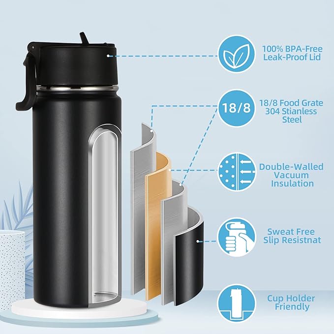 Volhoply 16 OZ Kids Water Bottle Bulk 4 Pack,Insulated Sports Bottles with Straw Lid,Stainless Steel Bottle with Handle Keep Cold & Hot,Double Wall Vacuum Tumbler Cups for School,Girls(Black, 4)